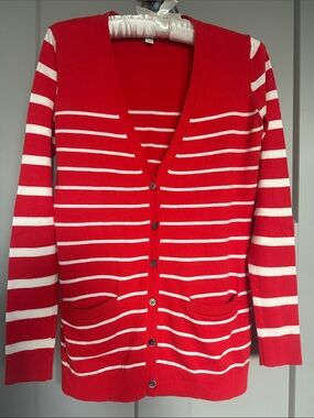 GAP Silk and Cotton Red and White Striped V-Neck Button Cardigan with Pockets